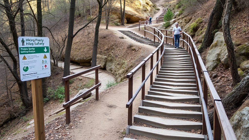 등산로 안전 시설물인 표지판과 난간의 모습